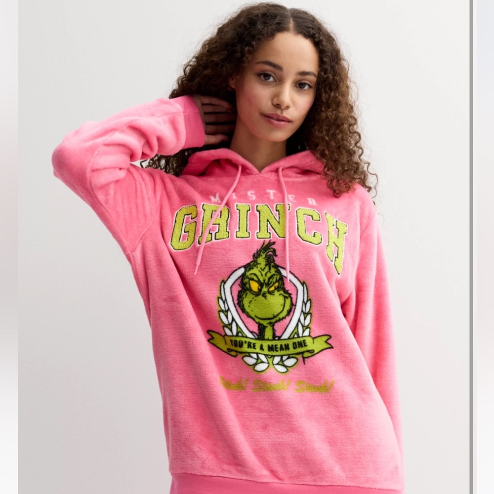 NWT Grinch Pink Fleece Hoodie JUNIORS L